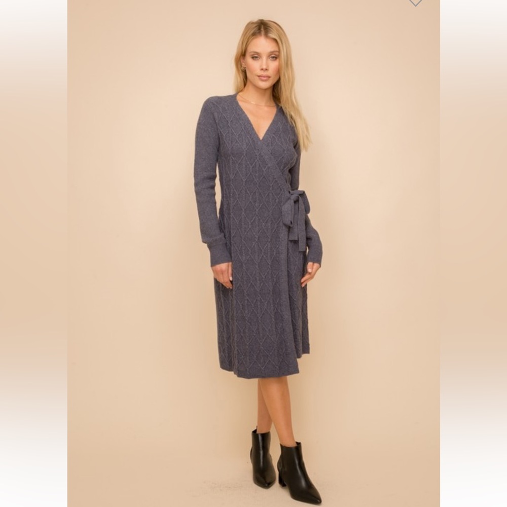 660. Midi Dress Wrap Sweater V-Neck Textured Denim Navy S, M & L Available - Picture 7 of 7